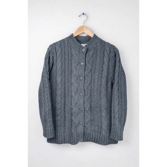 L.L. Bean Sweaters - LL Bean Cable Knit Cardigan Women's Large Gray 100% Cotton Full Button Front